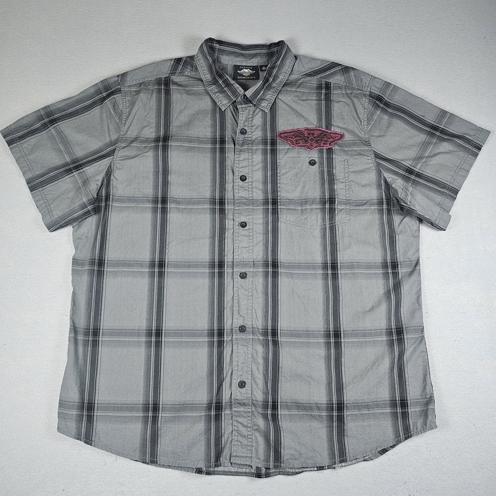 Harley Davidson Button Up Shirt Mens 3XL Gray Plaid Skull Crosshairs Motor Wings